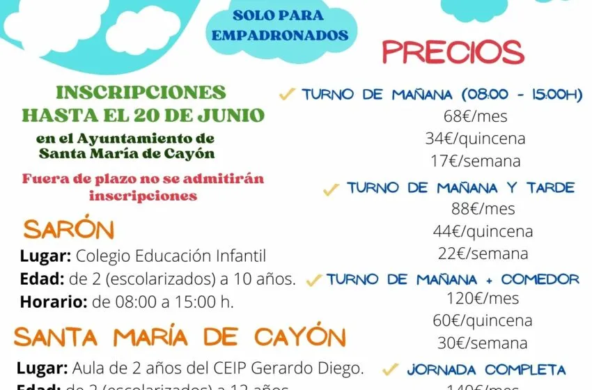 Abierto el plazo de inscripción en El Ayuntamiento de Santa María de Cayón de la Escuela de Verano 2022