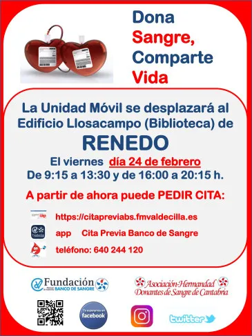  La Unidad Móvil de la Asociación-Hermandad de Donantes de Sangre de Cantabria visitará este viernes la localidad de Renedo