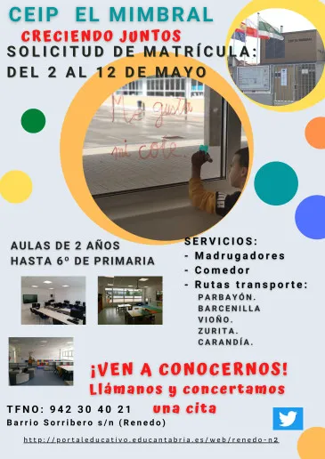  El CEIP El Mimbral de Renedo de Piélagos abrirá del 2 al 12 de mayo el periodo solicitud de plaza  para el curso 2023-2024