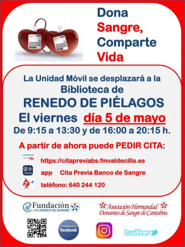  La Unidad Móvil de la Asociación-Hermandad de Donantes de Sangre de Cantabria visitará Renedo de Piélagos el viernes, 5 de mayo
