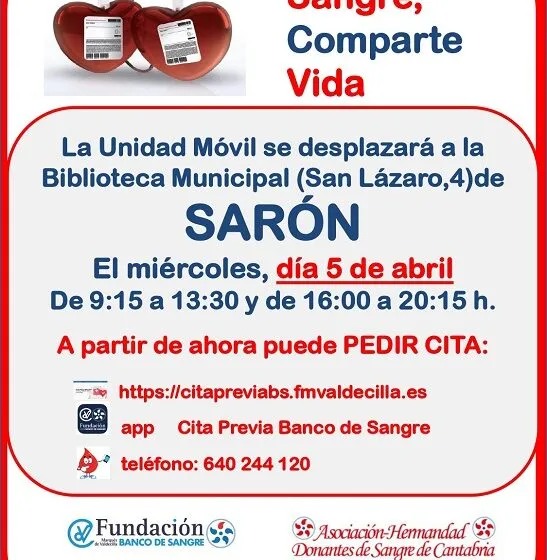 La unidad móvil del Banco de Sangre y Tejidos de Cantabria se desplazará el próximo miércoles, 5 de abril, a la biblioteca municipal de Sarón