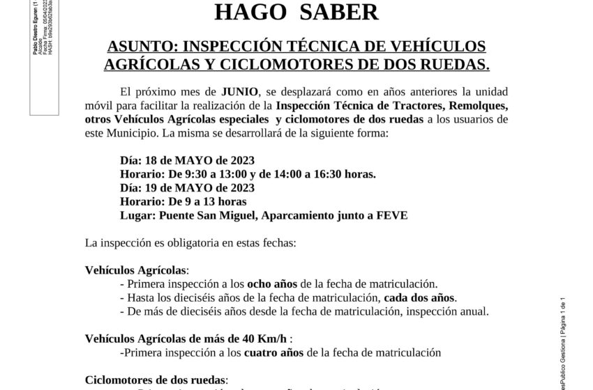  Inspección técnica de vehículos agrícolas y ciclomotores de dos ruedas