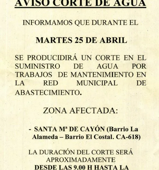  Corte de agua mañana, martes, por obras de mantenimiento en los barrios La Alameda y El Costal de Santa María de Cayón