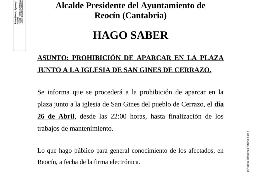  Prohibición de aparcar en la plaza junto a la Iglesia de San Ginés de Cerrazo