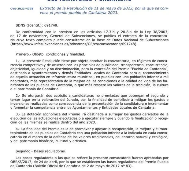  El Gobierno convoca la XVI edición del premio Pueblo de Cantabria 2023