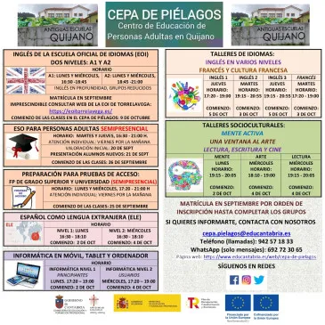  El CEPA de Piélagos abre, hasta el 19 de septiembre, el período de matrícula para el curso  2023-2024