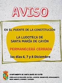  En el puente de la Constitución, el servicio de ludoteca municipal permanecerá cerrado