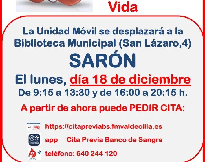  La unidad móvil de donación de sangre se desplazará a Sarón el lunes 18 de diciembre: Dona Sangre, Dona Vida