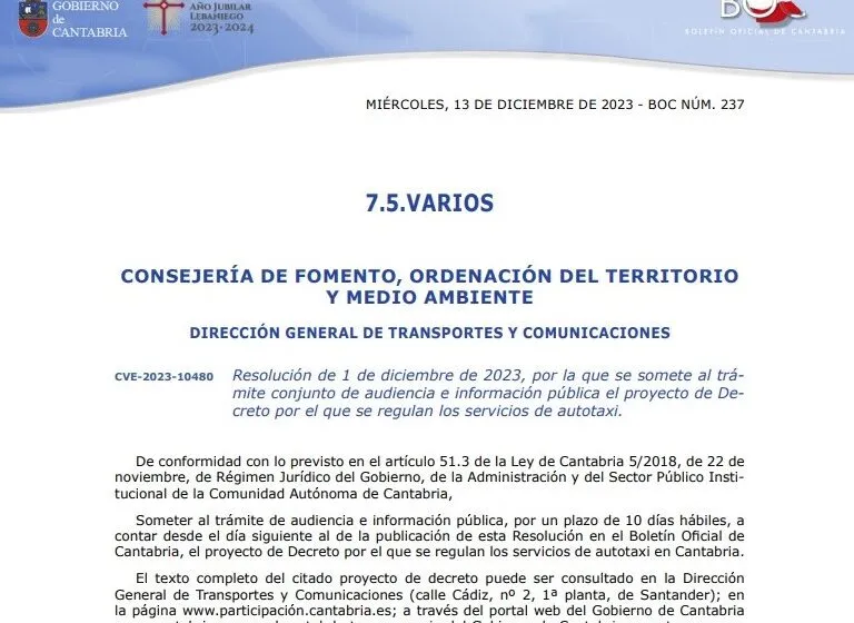 Noticias de Cantabria | El Cántabro | El Gobierno de Cantabria abre el trámite conjunto de audiencia e información pública del proyecto de decreto para regular los servicios de autotaxi