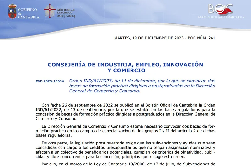  Industria convoca dos becas dirigidas a postgraduados en la Dirección General de Comercio y Consumo