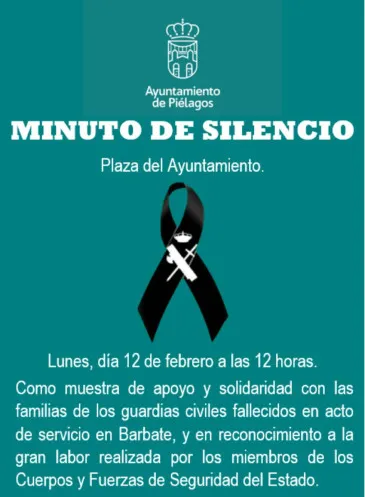  El Ayuntamiento guardará mañana, lunes, un minuto de silencio, a las 12:00 horas, por la muerte de dos guardias civiles en acto de servicio en Barbate