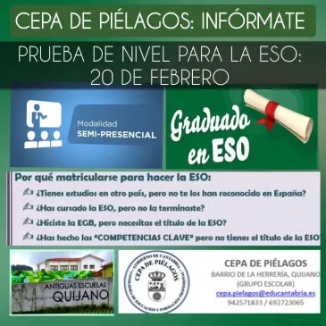  El CEPA de Piélagos realizará el 20 de febrero una prueba de nivel para las personas que quieran estudiar la ESO durante el segundo cuatrimestre del curso