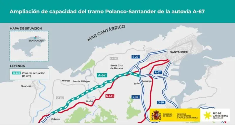  Transportes formaliza por 173 millones de euros las obras para ampliar a tres carriles la autovía A-67 entre Polanco y Santander