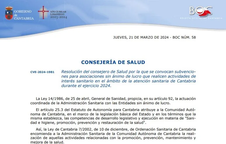  Salud destina 70.000 euros para subvencionar a asociaciones sin ánimo de lucro que realicen actividades de interés sanitario en Cantabria