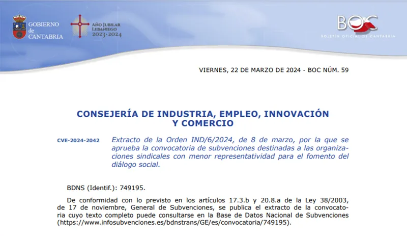  Industria publica las ayudas a las organizaciones sindicales con menor representatividad para el fomento del diálogo social.