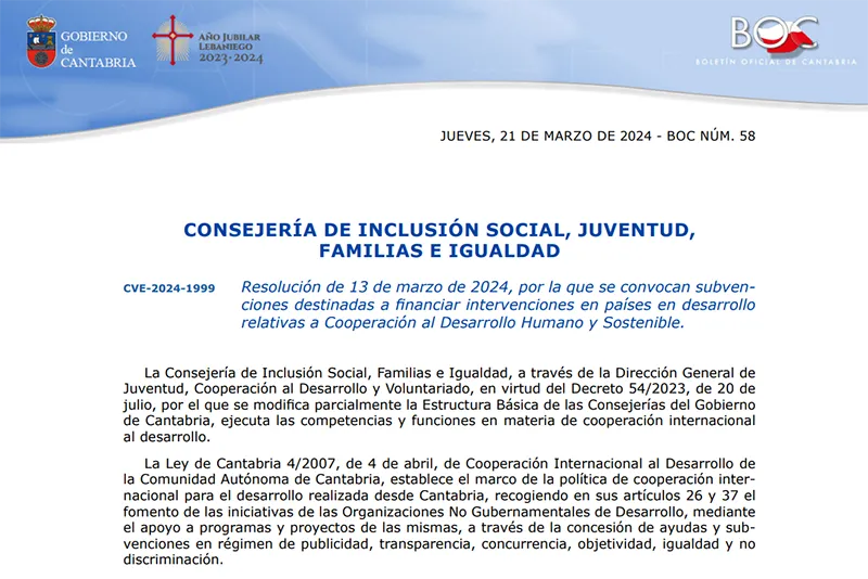  El BOC publica hoy la convocatoria de subvenciones a la Cooperación al Desarrollo Humano y Sostenible