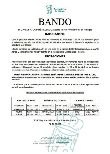  El Ayuntamiento repartirá desde mañana, martes, y hasta el próximo jueves invitaciones para la Fiesta del “Día de los abuelos” en los locales municipales