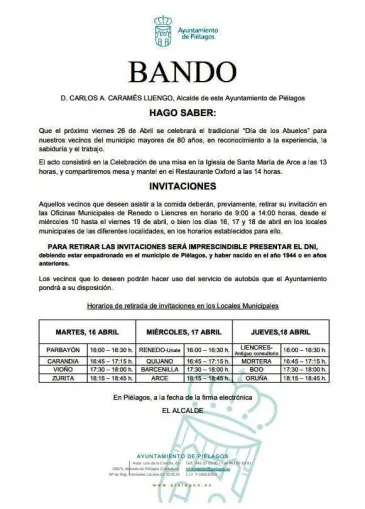  El Ayuntamiento repartirá desde mañana, martes, y hasta el próximo jueves invitaciones para asistir a la Fiesta del “Día de los abuelos” en los locales municipales