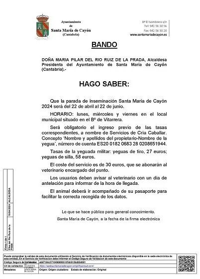  Bando municipal con los requisitos para la Parada de inseminación caballar 2024