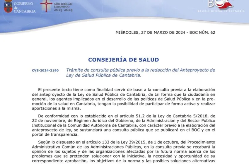  Abierto el plazo de consulta de la futura Ley de Salud Pública de Cantabria