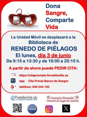  La Unidad Móvil de la Asociación-Hermandad de Donantes de Sangre de Cantabria visita el próximo lunes, 3 de junio, la localidad de Renedo
