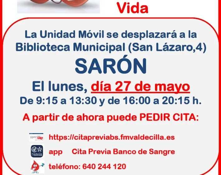  La unidad móvil para donar sangre estará en Sarón el lunes 27 de mayo
