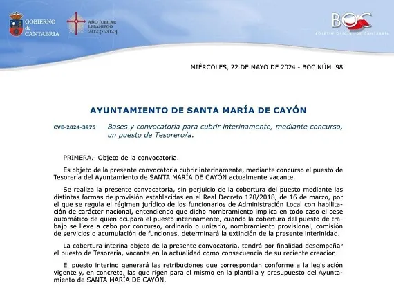  El BOC publica las bases para cubrir de forma interina el puesto de tesorero en el Ayuntamiento