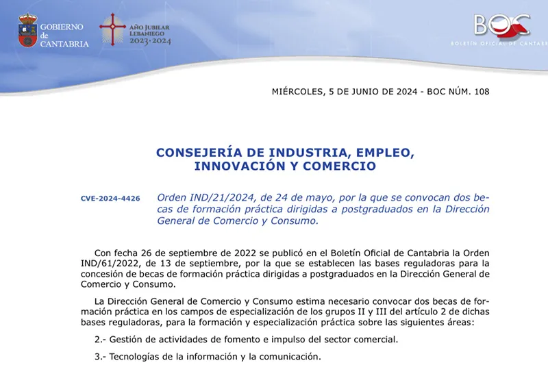 Noticias de Cantabria | El Cántabro | El BOC publica hoy dos becas destinadas a postgraduados en la Dirección General de Comercio y Consumo