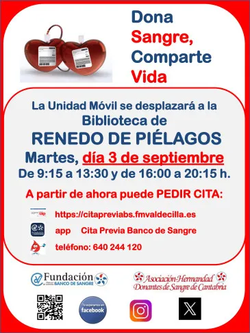 Noticias de Cantabria | El Cántabro | La Unidad Móvil de la Asociación-Hermandad de Donantes de Sangre de Cantabria visitará la localidad de Renedo el próximo martes, 3 de septiembre