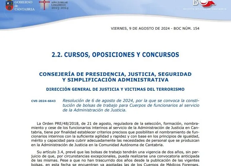 Noticias de Cantabria | El Cántabro | Presidencia abre las bolsas de interinos en Justicia para las categorías de médicos forenses y gestión y tramitación procesal y administrativa