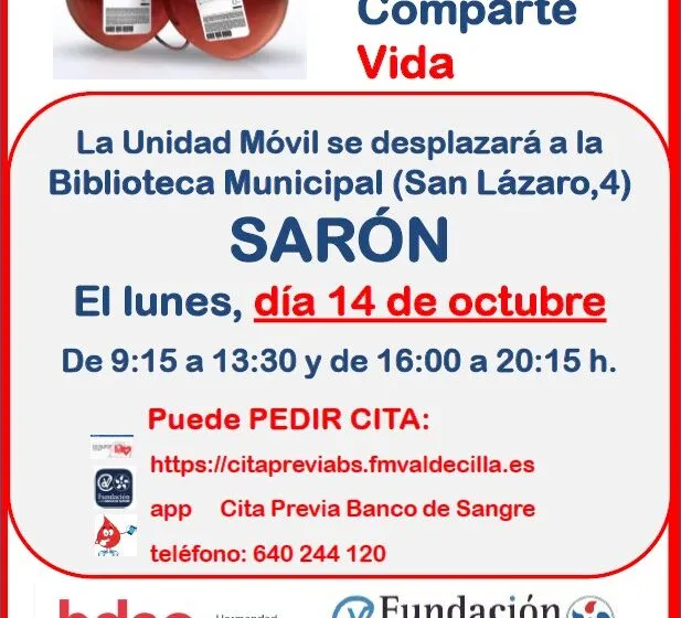  La unidad móvil para donar sangre y compartir vida, se desplazará a Sarón este lunes 14 de octubre