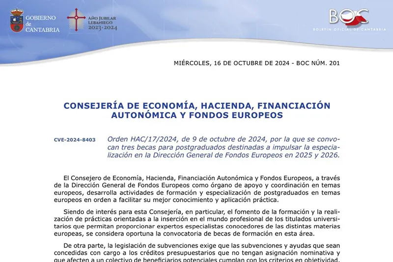 Noticias de Cantabria | El Cántabro | Economía convoca tres becas de postgraduados para impulsar la Dirección General de Fondos Europeos