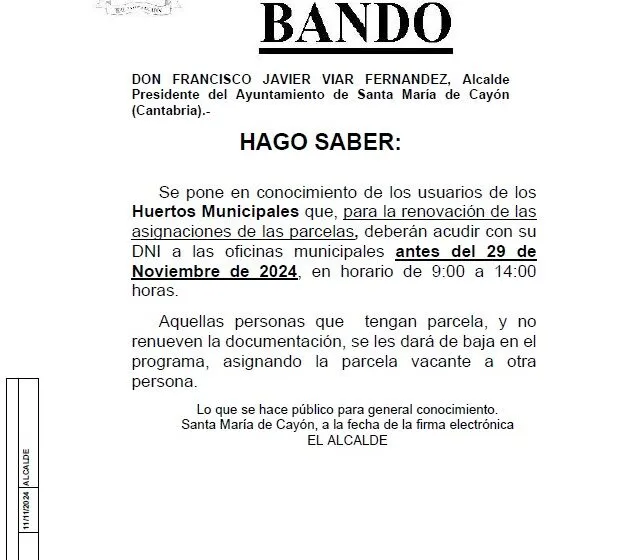  El Ayuntamiento de Santa Mª de Cayón, informa a los usuarios de los Huertos Municipales que deben renovar sus parcelas antes del 29 de noviembre