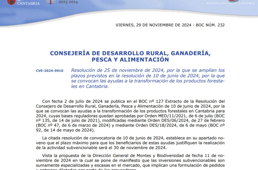  Desarrollo Rural amplía los plazos de ayudas para la transformación de los productos forestales en Cantabria