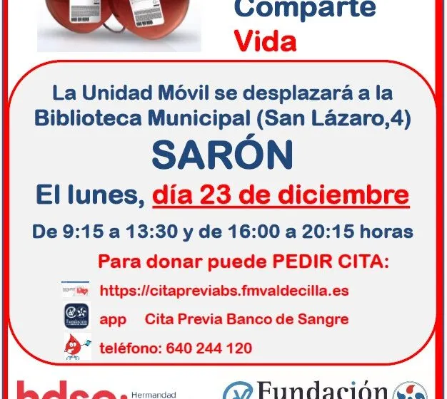 La unidad se desplaza la sede de la Biblioteca Municipal en Sarón el 23 de diciembre para donar sangre