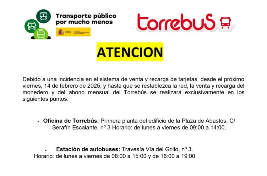  A partir del 14 de febrero las tarjetas del Torrebus se podrán comprar y recargar en la Estación de Autobuses y en la Oficina de Movilidad