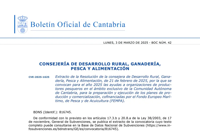  El Gobierno convoca las ayudas para organizaciones de productores pesqueros dotadas con 220.000 euros