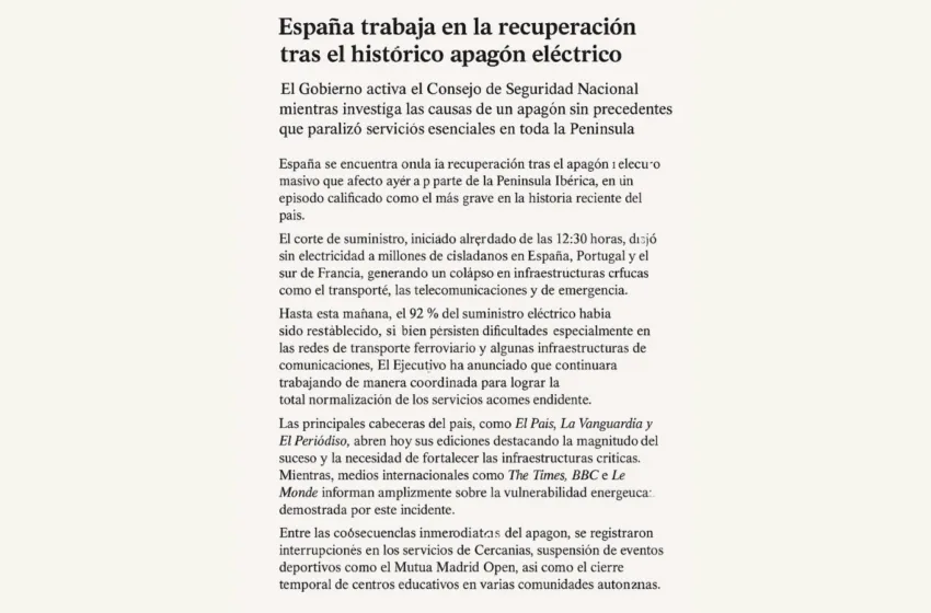 Noticias de Cantabria | El Cántabro | España trabaja en la recuperación tras el histórico apagón eléctrico