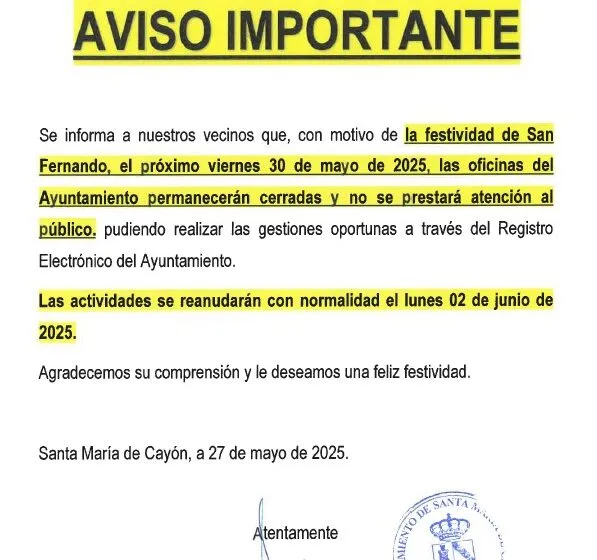  Fiesta Local de San Fernando en el Municipio: las oficinas municipales permaneceran cerradas el 30 de mayo