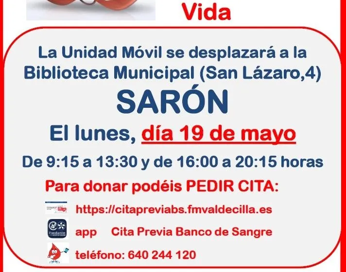  Dona Sangre, Comparte Vida: La unidad móvil se desplaza la sede de la Biblioteca Municipal en Sarón el 19 de mayo para donar sangre