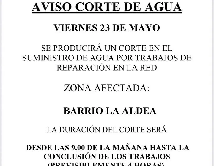  AVISO: Corte de agua en Bº La Aldea el viernes 23 de mayo (Santa María de Cayón)