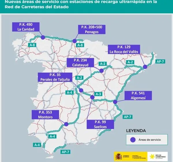 Transportes instalará estaciones de recarga eléctrica ultrarrápidas en ocho áreas de servicio de carreteras estatales
