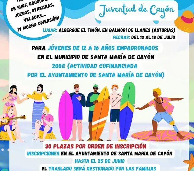  Este verano el Ayuntamiento propone de nuevo un CAMPAMENTO DE SURF JUVENTUD DE CAYON