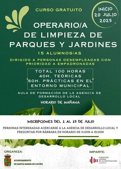  Se abre el plazo de inscripción del curso «Operario de limpieza de parques y jardines»