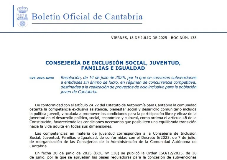  El Gobierno de Cantabria convoca ayudas para proyectos de ocio inclusivo dirigidos a la juventud