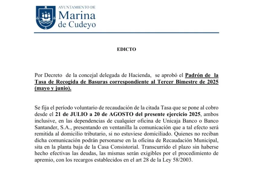  EDICTO | Padrón de la Tasa de Recogida de Basuras correspondiente al Tercer Bimestre de 2025