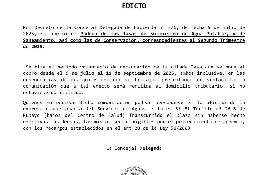  Edicto | Tasa de Suministro de Agua Potable, Saneamiento y Conservación segundo trimestre