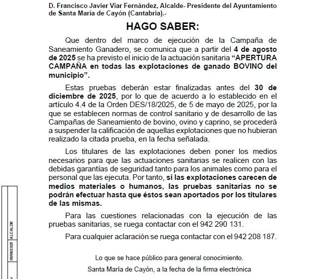  “APERTURA CAMPAÑA en todas las explotaciones de ganado Bovino del Municipio”