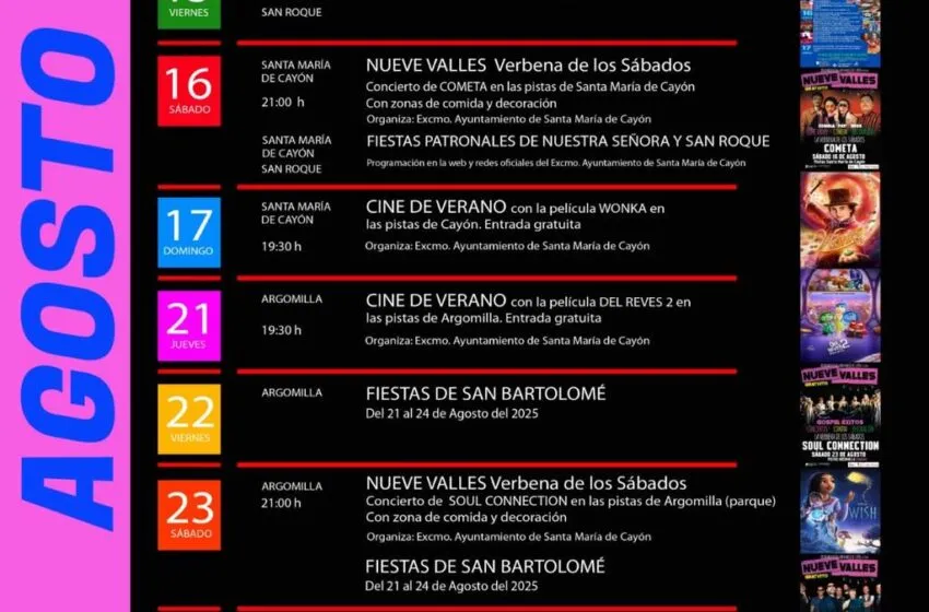  Agenda de agosto: conciertos, cine, fiestas y otras actividades en el Municipio