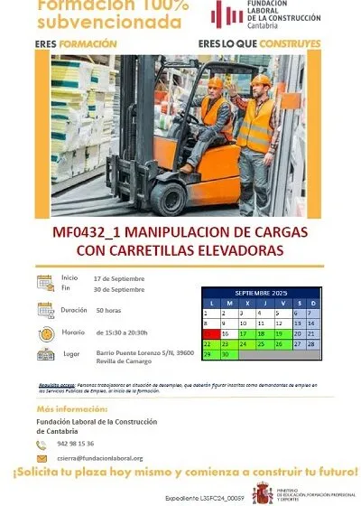  Fundación Laboral de la Construcción – Cantabria, Curso 100% subvencionado de Manipulación de Cargas con Carretillas Elevadoras (MF0432_1)